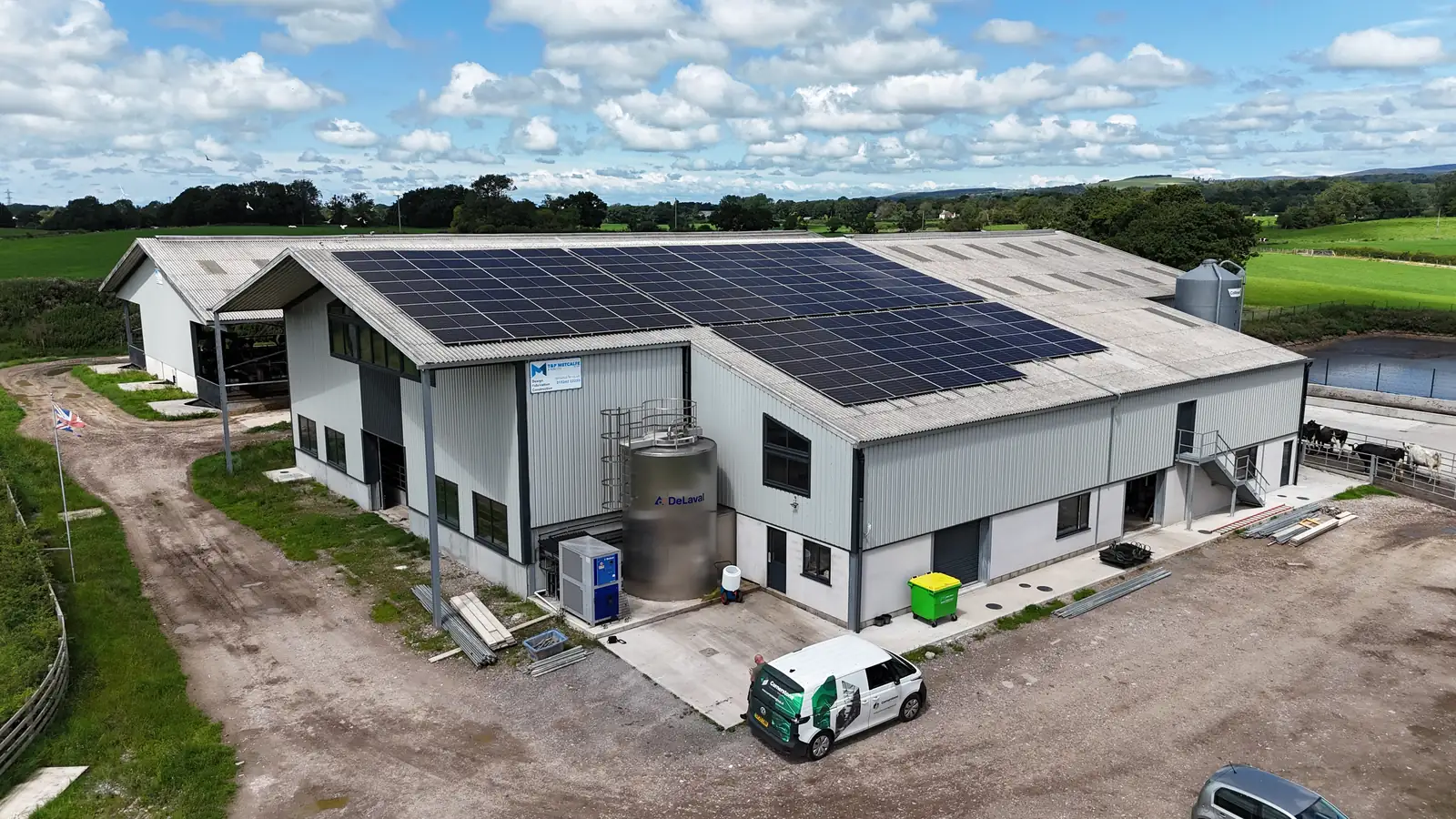 Aerial view of a large farm building at Bilsborrow Hall Farm with a rooftop solar PV array