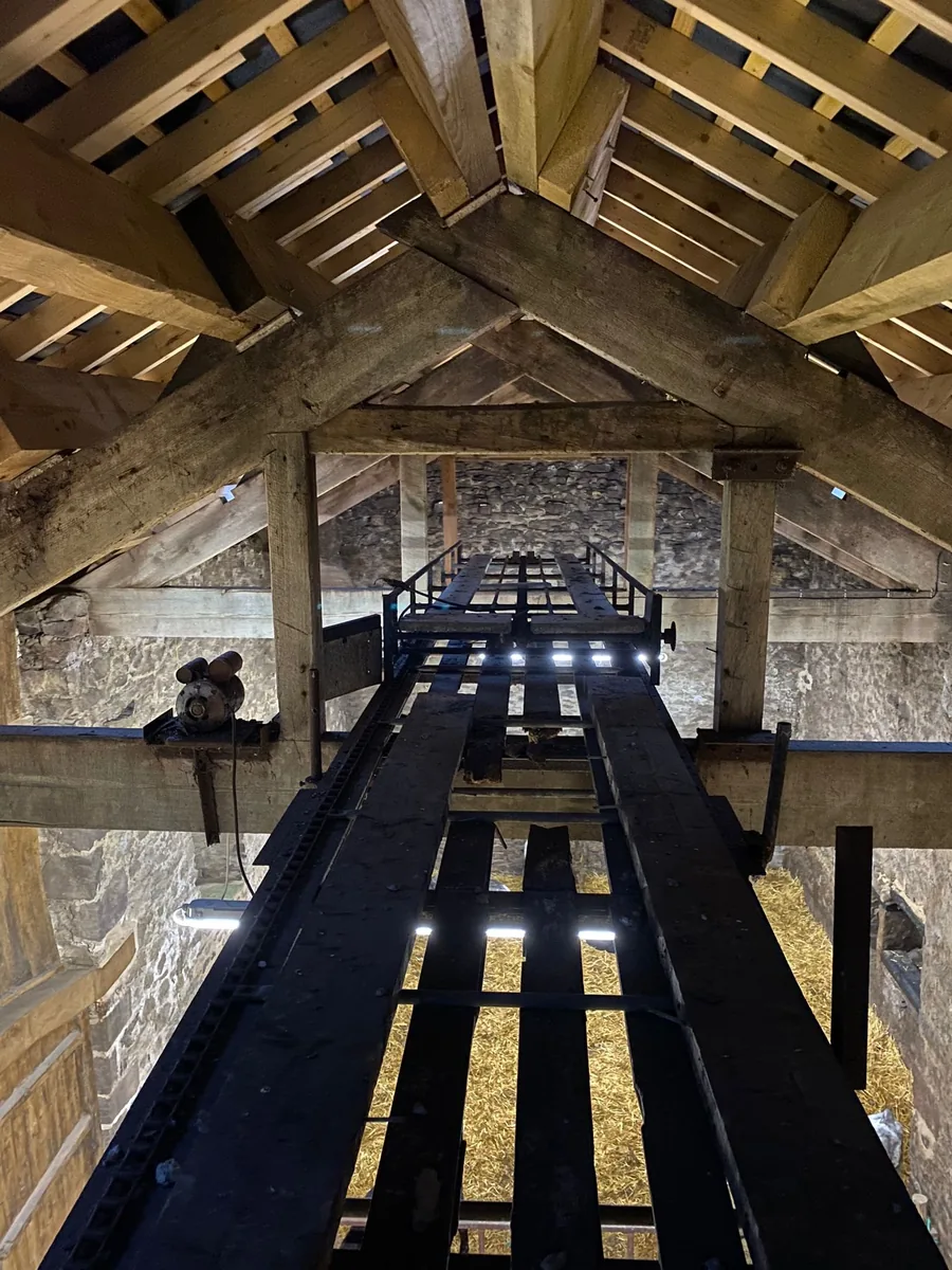 Restored oak trusses and new roof timbers inside the barn