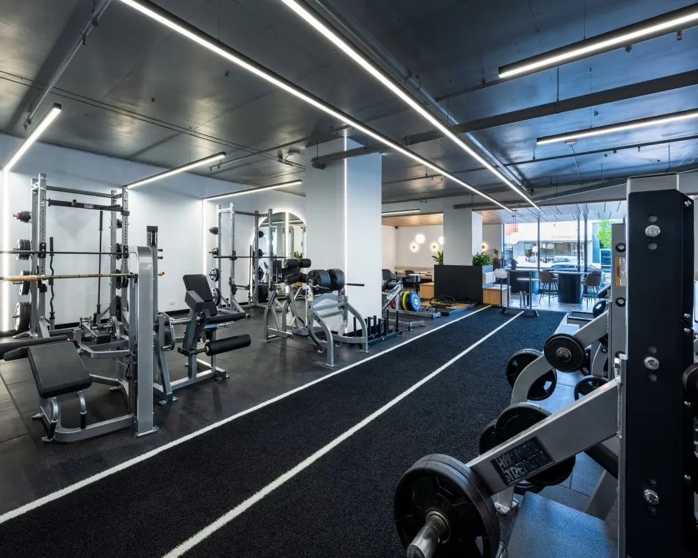 Gym fit-out with rubber sports flooring, weights racks and linear LED ceiling lighting