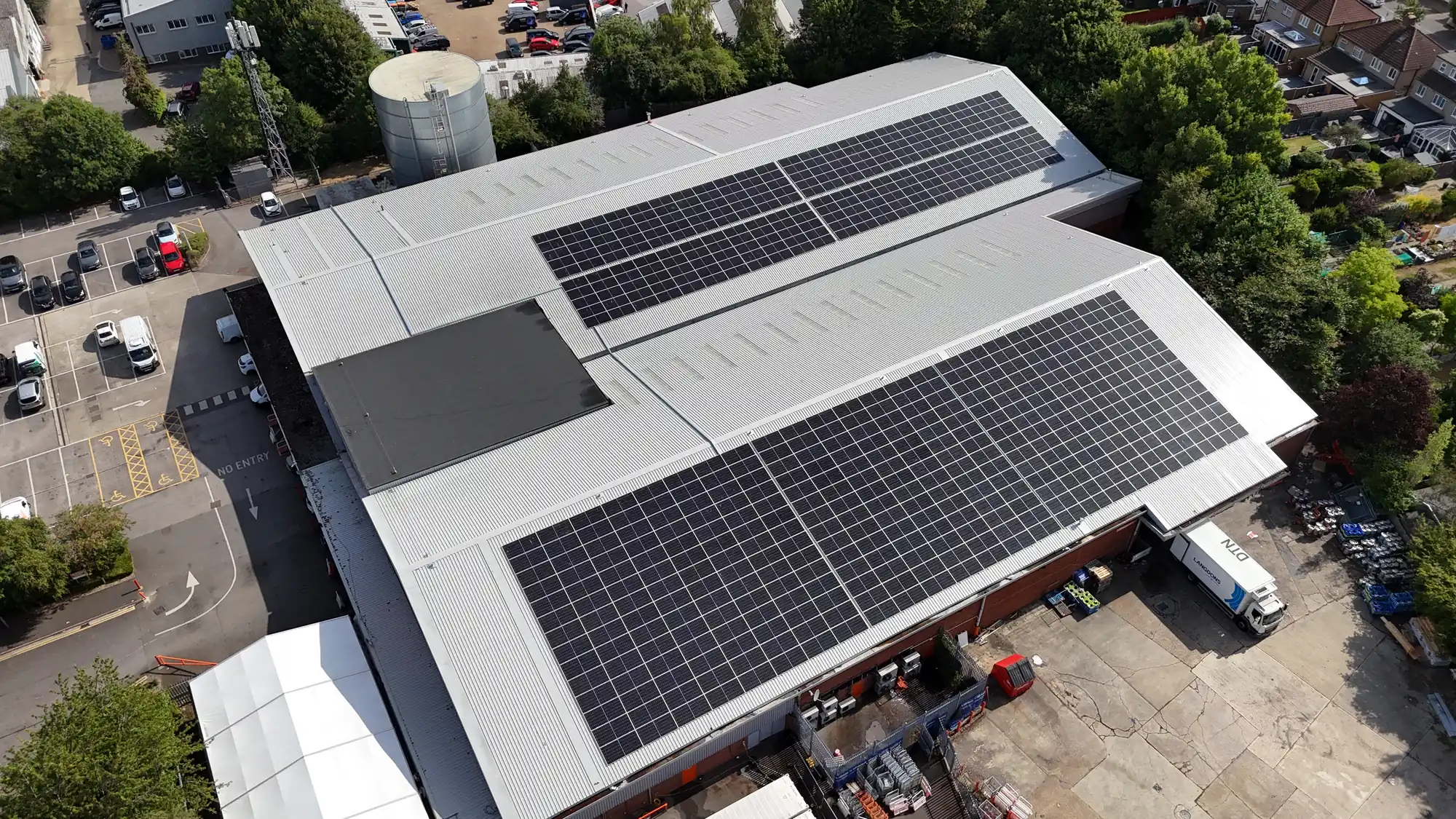Both rooftop solar arrays on the re-roofed Booker Watford warehouse