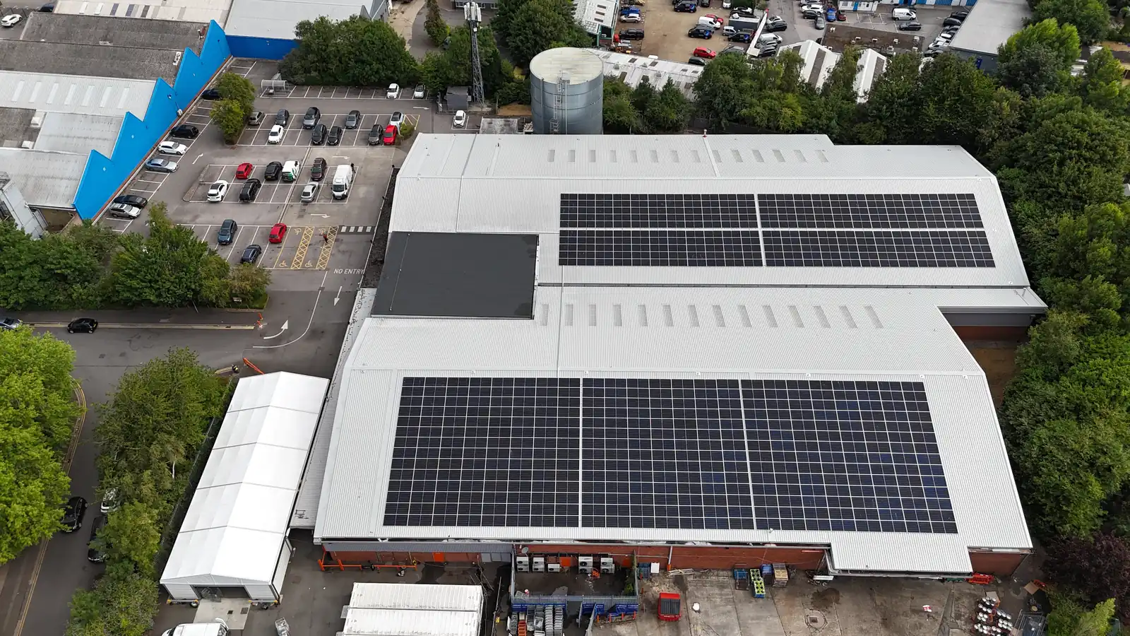 Rear aerial of the Booker Watford building and its rooftop solar array