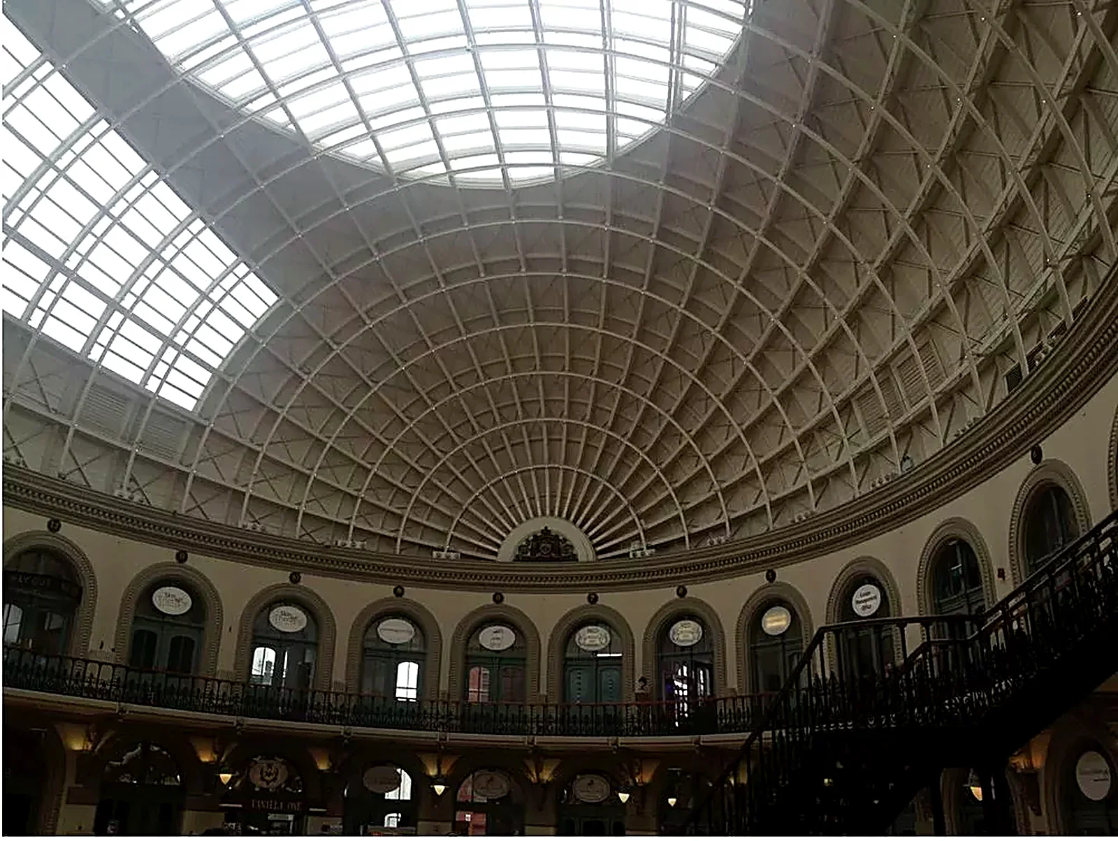 Refurbished glazed dome above the balconies inside Leeds Corn Exchange