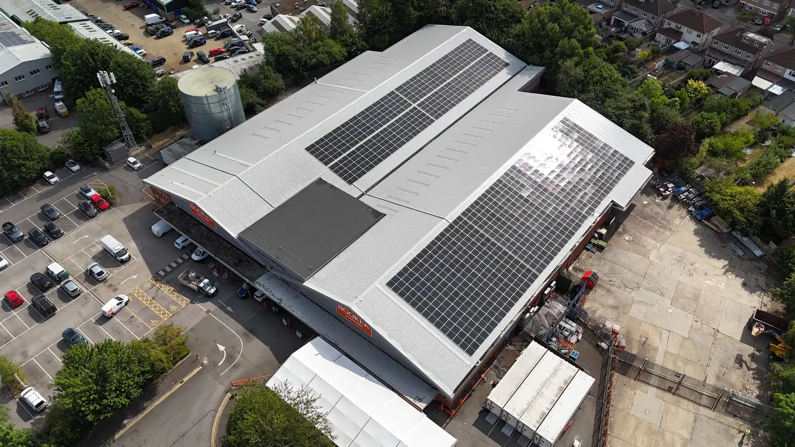 Booker Watford site from above showing the roof, array, car park and loading yard