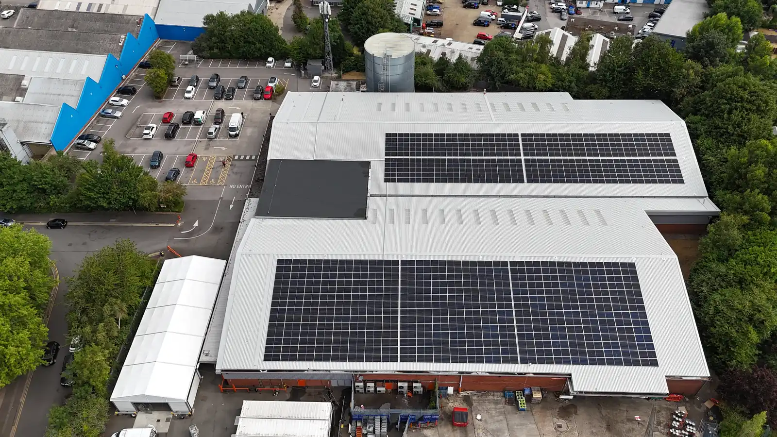 Aerial view of the Booker Watford roof with completed 334 kWp solar arrays